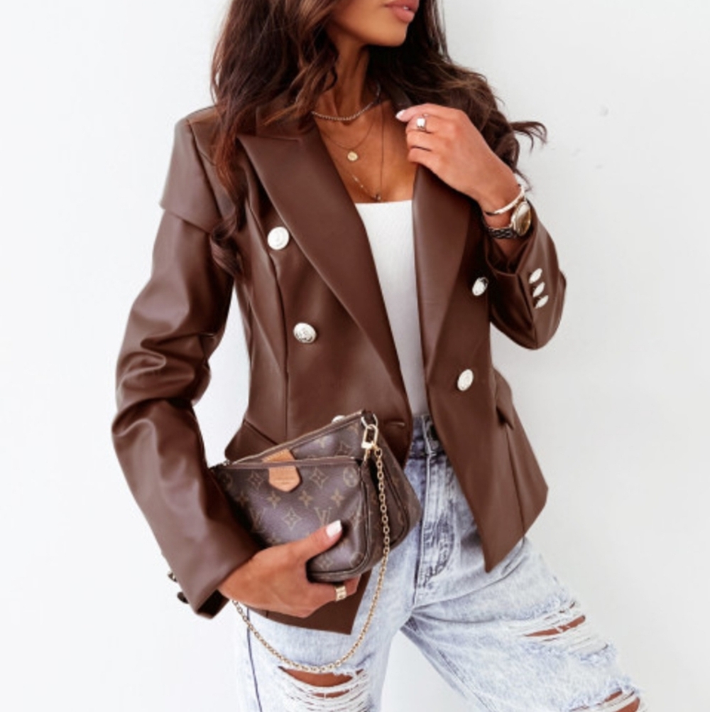Brown Double-Breasted Women's Faux Leather Blazer - Picture 6 of 6